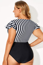 Plus size black stripe swimsuit by Dear-Lover with knot cutout, ruffle sleeves, and high-waisted design, perfect for plus size swimwear.