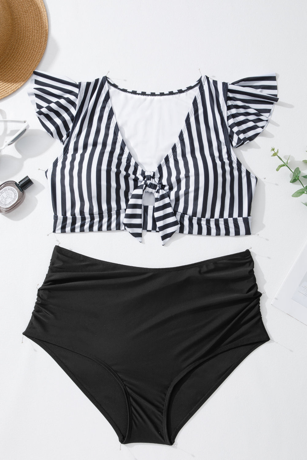 Plus size black stripe swimsuit with knot cutout, ruffle sleeves, and high-waisted design from Dear-Lover Plus Size Swimwear collection.