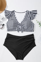 Plus size black stripe swimsuit with knot cutout, ruffle sleeves, and high-waisted design from Dear-Lover Plus Size Swimwear collection.