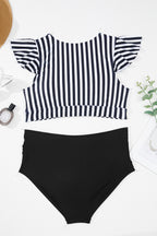 Plus size black striped swimsuit with knot cutout ruffle sleeves and high waist, stylish two-piece swimwear by Dear-Lover.
