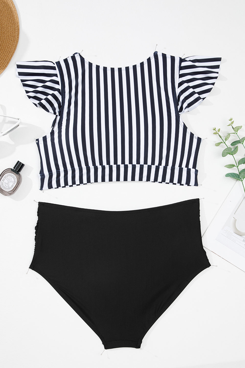 Plus size black striped swimsuit with knot cutout ruffle sleeves and high waist, stylish two-piece swimwear by Dear-Lover.