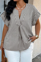 Plus size black stripe V-neck blouse with roll-tab short dolman sleeves from Dear-Lover, stylish and comfortable plus size top.
