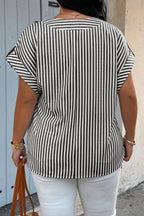 Plus size Dear-Lover black stripe V-neck blouse with roll-tab short dolman sleeves, made of polyester and cotton.