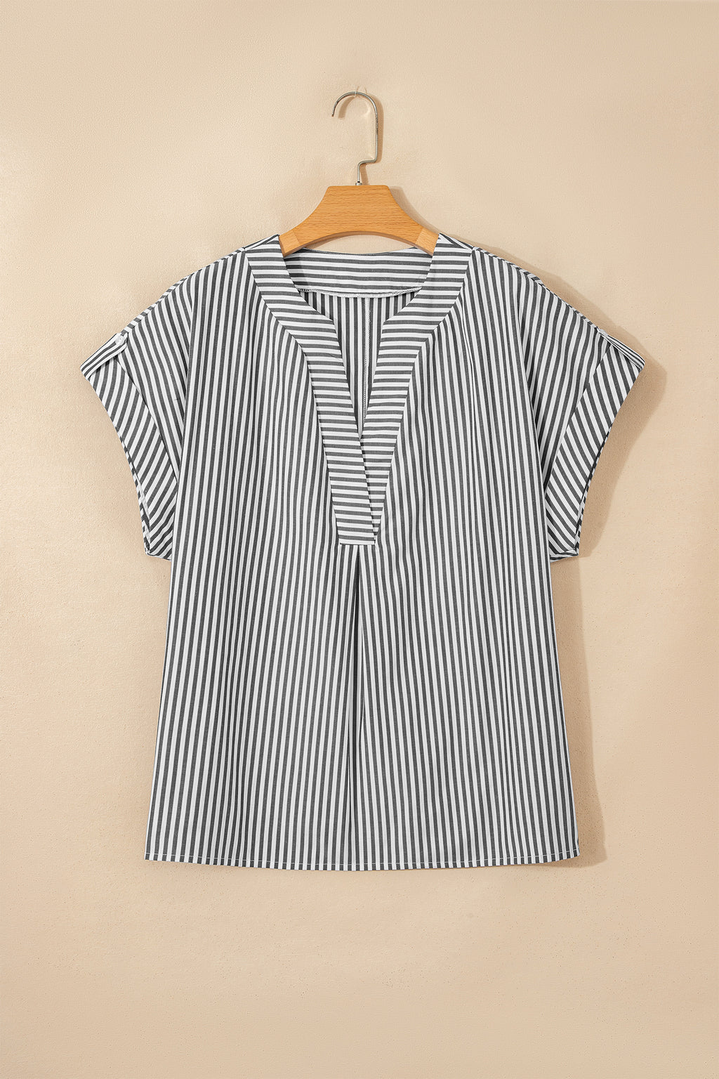 Black stripe plus size V-neck blouse with roll-tab short dolman sleeves, made of polyester and cotton, by Dear-Lover.