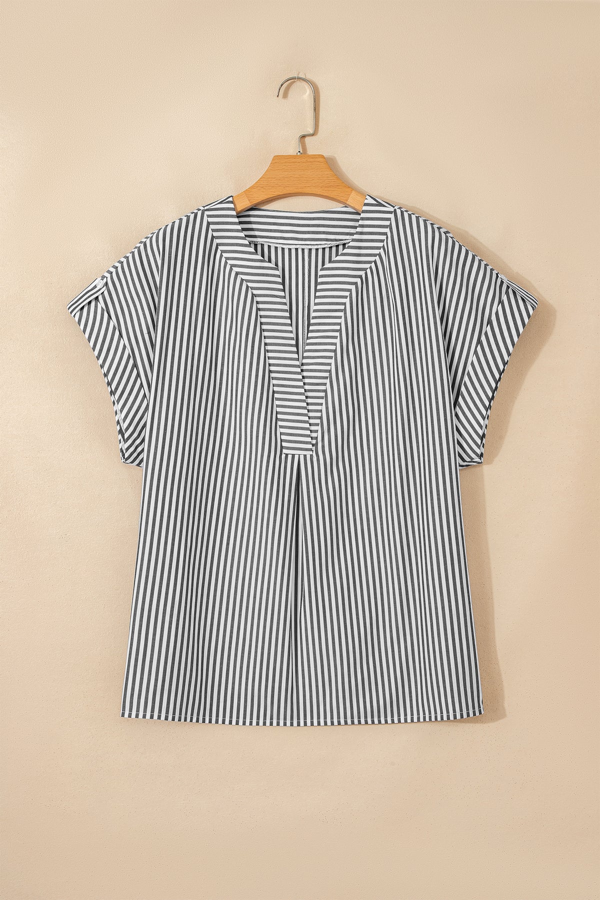 Black stripe plus size V-neck blouse with roll-tab short dolman sleeves, made of polyester and cotton, by Dear-Lover.