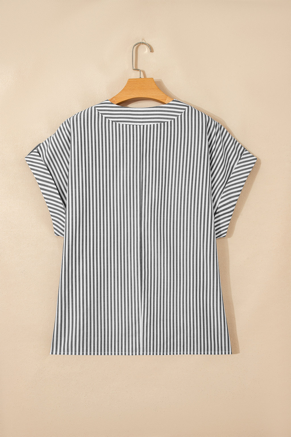 Black stripe plus size V-neck blouse with roll-tab short dolman sleeves, from Dear-Lover, made of polyester and cotton blend.