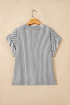 Black stripe plus size V-neck blouse with roll-tab short dolman sleeves, from Dear-Lover, made of polyester and cotton blend.