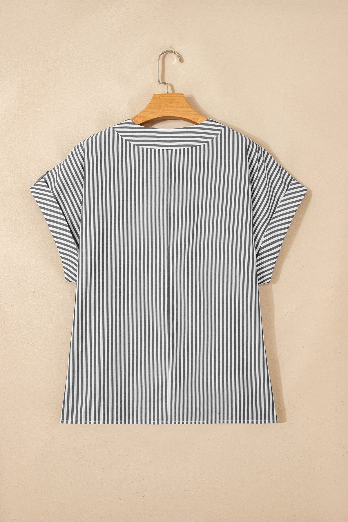 Black stripe plus size V-neck blouse with roll-tab short dolman sleeves, from Dear-Lover, made of polyester and cotton blend.