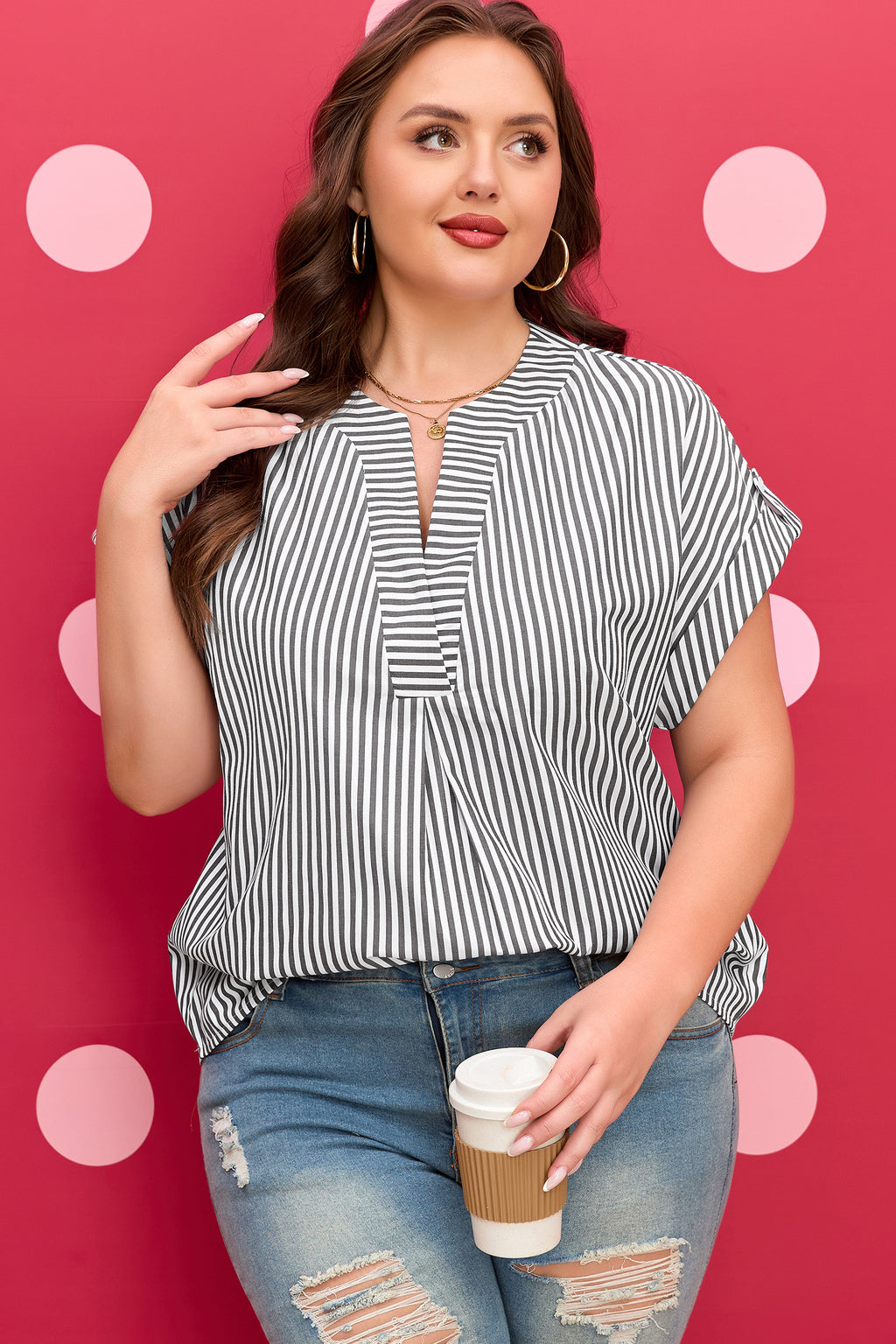 Plus size black stripe V-neck blouse with roll-tab short dolman sleeves from Dear-Lover, stylish and comfortable plus size top.