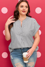Plus size black stripe V-neck blouse with roll-tab short dolman sleeves from Dear-Lover, stylish and comfortable plus size top.