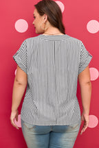 Plus size black stripe V-neck blouse with roll-tab short dolman sleeves, made of polyester and cotton, by Dear-Lover.