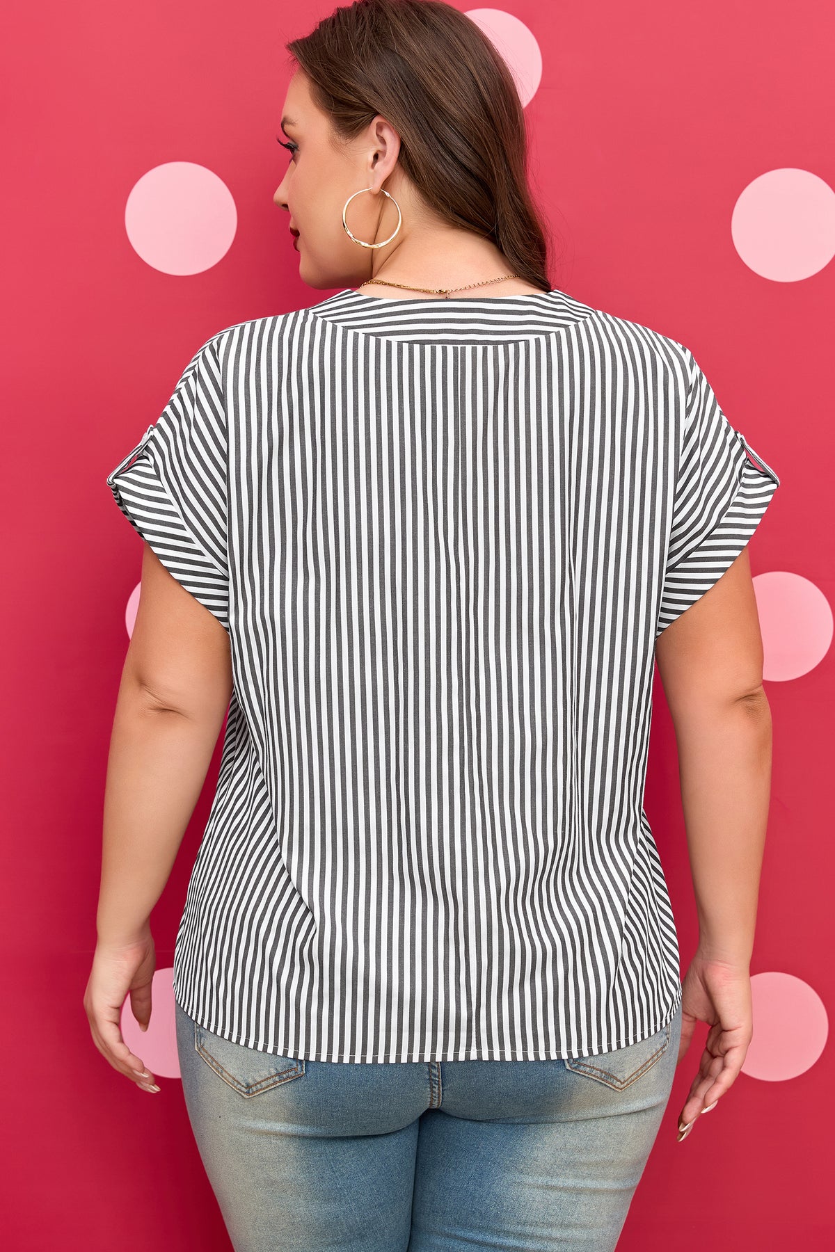 Plus size black stripe V-neck blouse with roll-tab short dolman sleeves, made of polyester and cotton, by Dear-Lover.