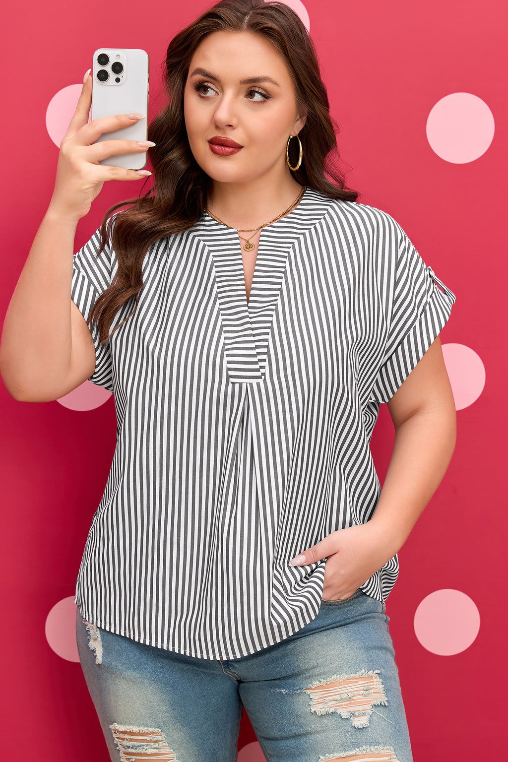 Black stripe plus size V-neck roll-tab short dolman sleeve blouse by Dear-Lover, featuring a stylish and comfortable design.