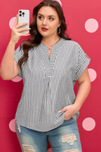 Black stripe plus size V-neck roll-tab short dolman sleeve blouse by Dear-Lover, featuring a stylish and comfortable design.