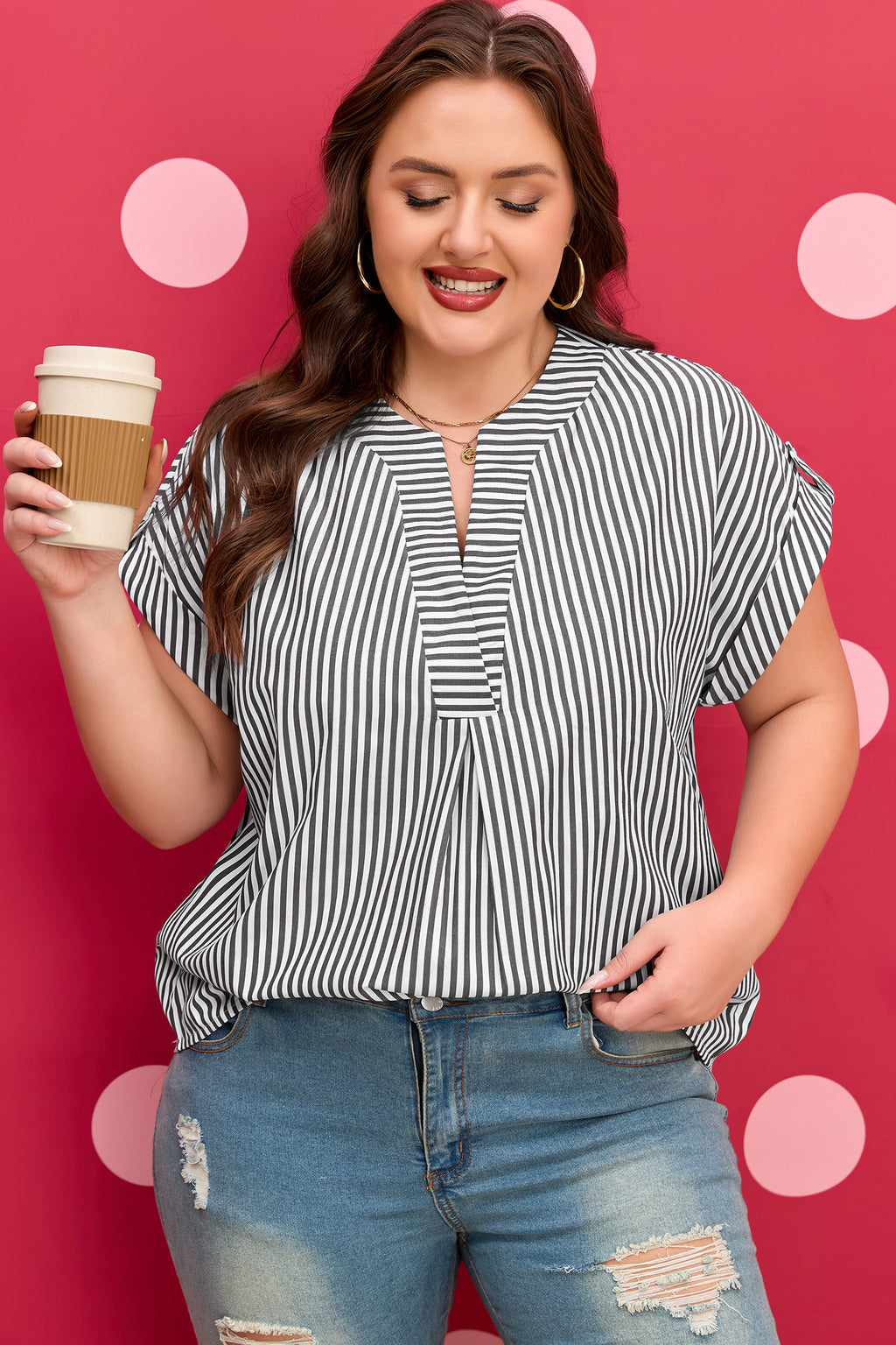 Plus size black stripe V-neck blouse with roll-tab short dolman sleeves from Dear-Lover, made of polyester and cotton blend.