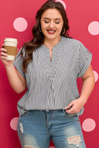 Plus size black stripe V-neck blouse with roll-tab short dolman sleeves from Dear-Lover, made of polyester and cotton blend.