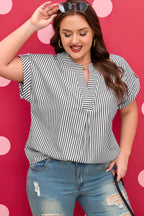 Plus size black stripe V-neck blouse with roll-tab short dolman sleeves, made of polyester and cotton, by Dear-Lover.