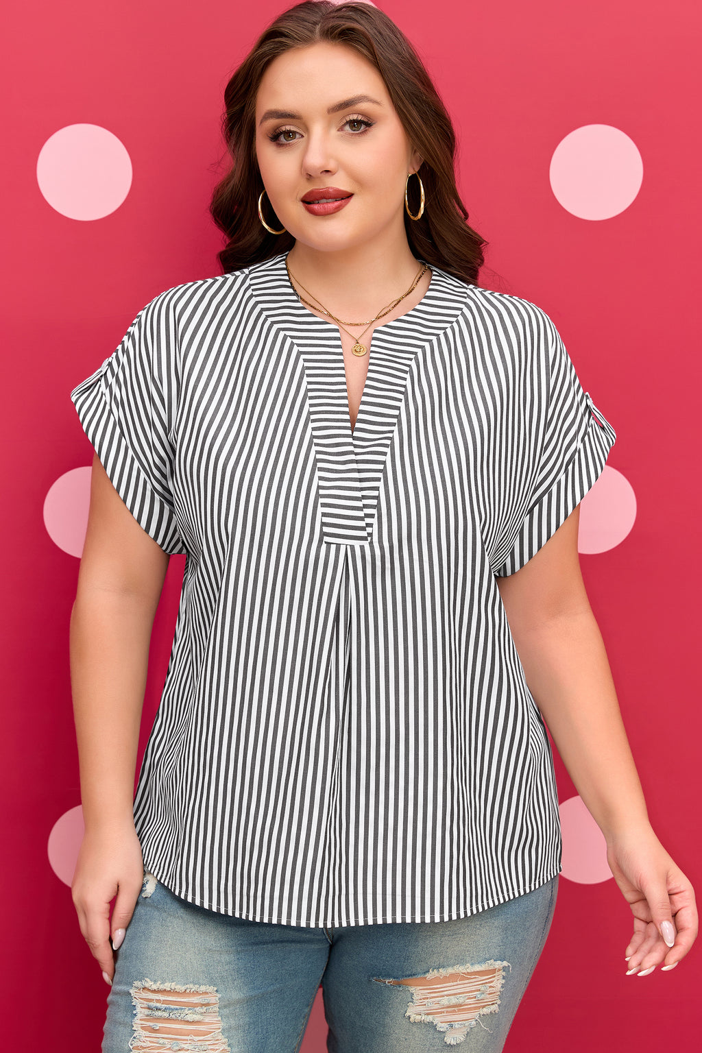 Black stripe plus size V-neck blouse with roll-tab short dolman sleeves from Dear-Lover, stylish and comfortable for plus size tops.
