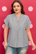 Black stripe plus size V-neck blouse with roll-tab short dolman sleeves from Dear-Lover, stylish and comfortable for plus size tops.