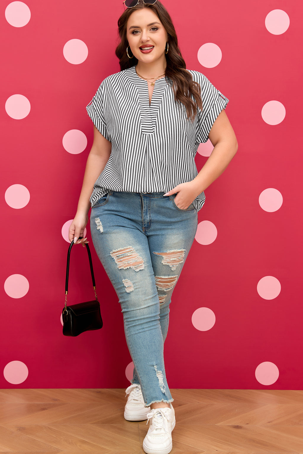 Black stripe plus size V-neck blouse by Dear-Lover with roll-tab short dolman sleeves, polyester and cotton blend, casual style.