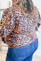 Brown plus size leopard print blouse with frilled stand collar, made from viscose, by Dear-Lover, stylish and comfortable plus size top
