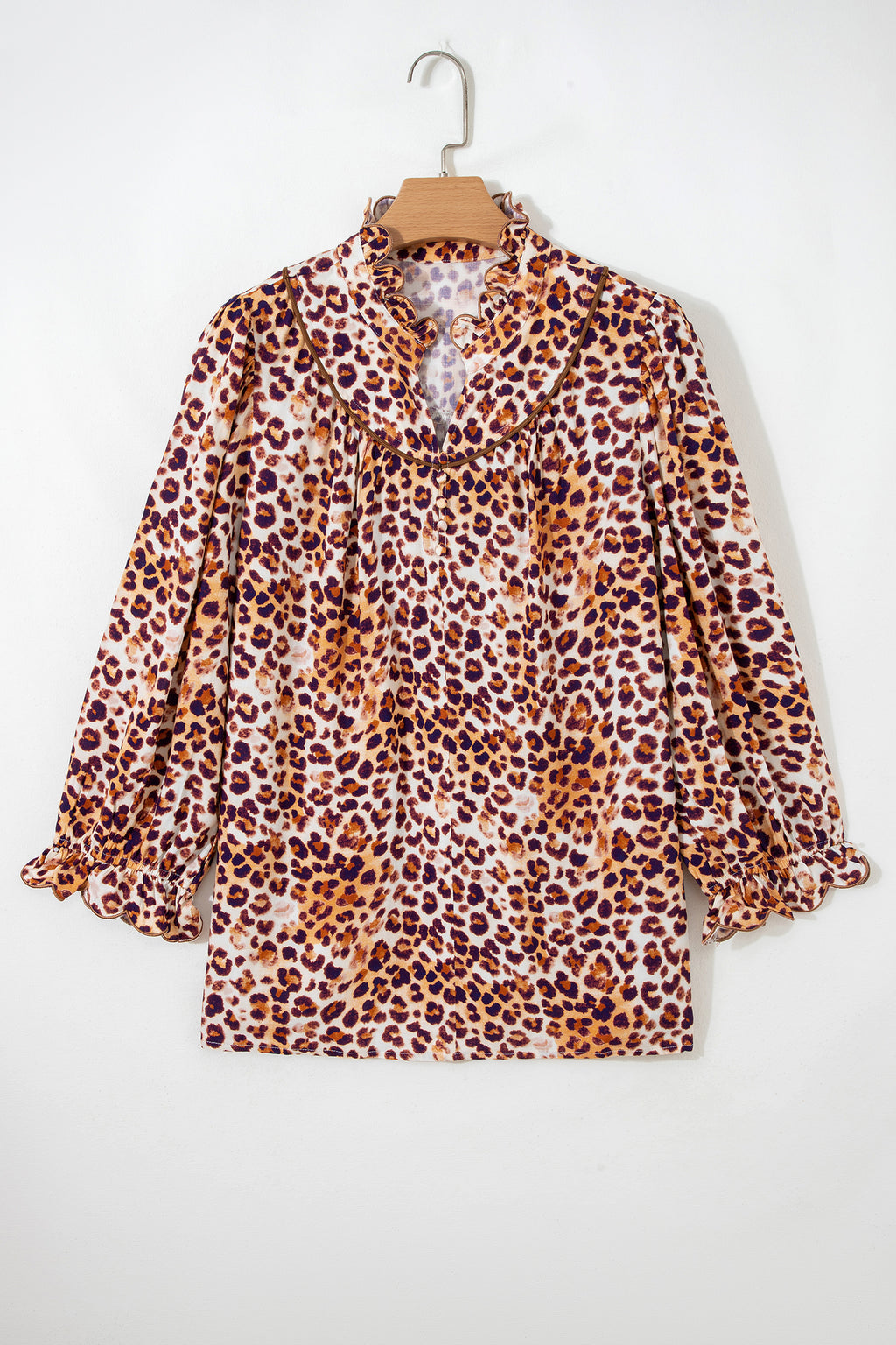 Brown plus size leopard print blouse with frilled stand collar, made from viscose, by Dear-Lover, stylish and comfortable for women.