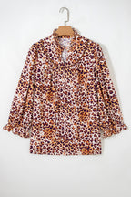 Brown plus size leopard print blouse with frilled stand collar, made from viscose, by Dear-Lover, stylish and comfortable for women.