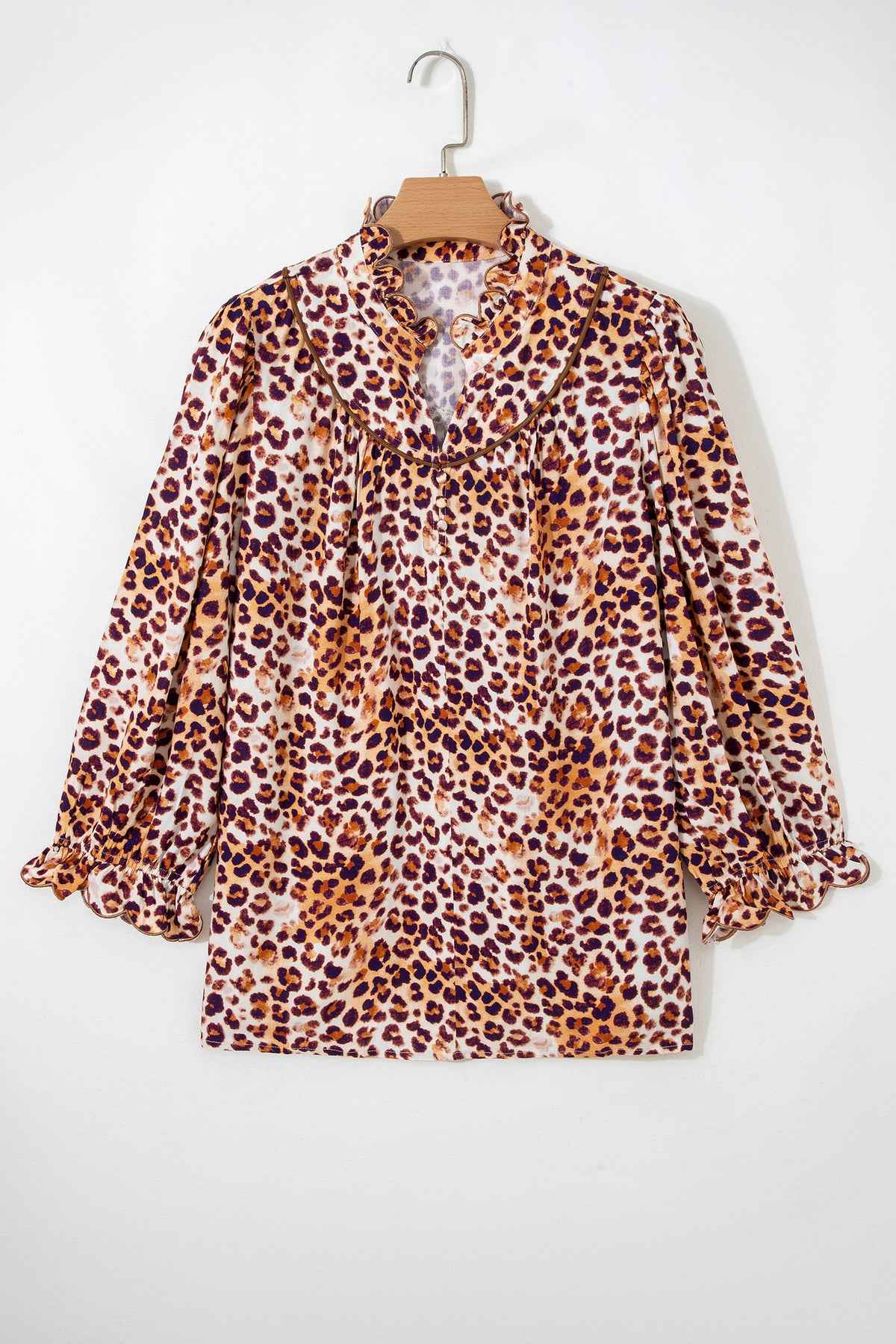 Brown plus size leopard print blouse with frilled stand collar, made from viscose, by Dear-Lover, stylish and comfortable for women.