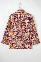 Brown plus size leopard print blouse with frilled stand neck from Dear-Lover, made of viscose, designed for plus size fashion.