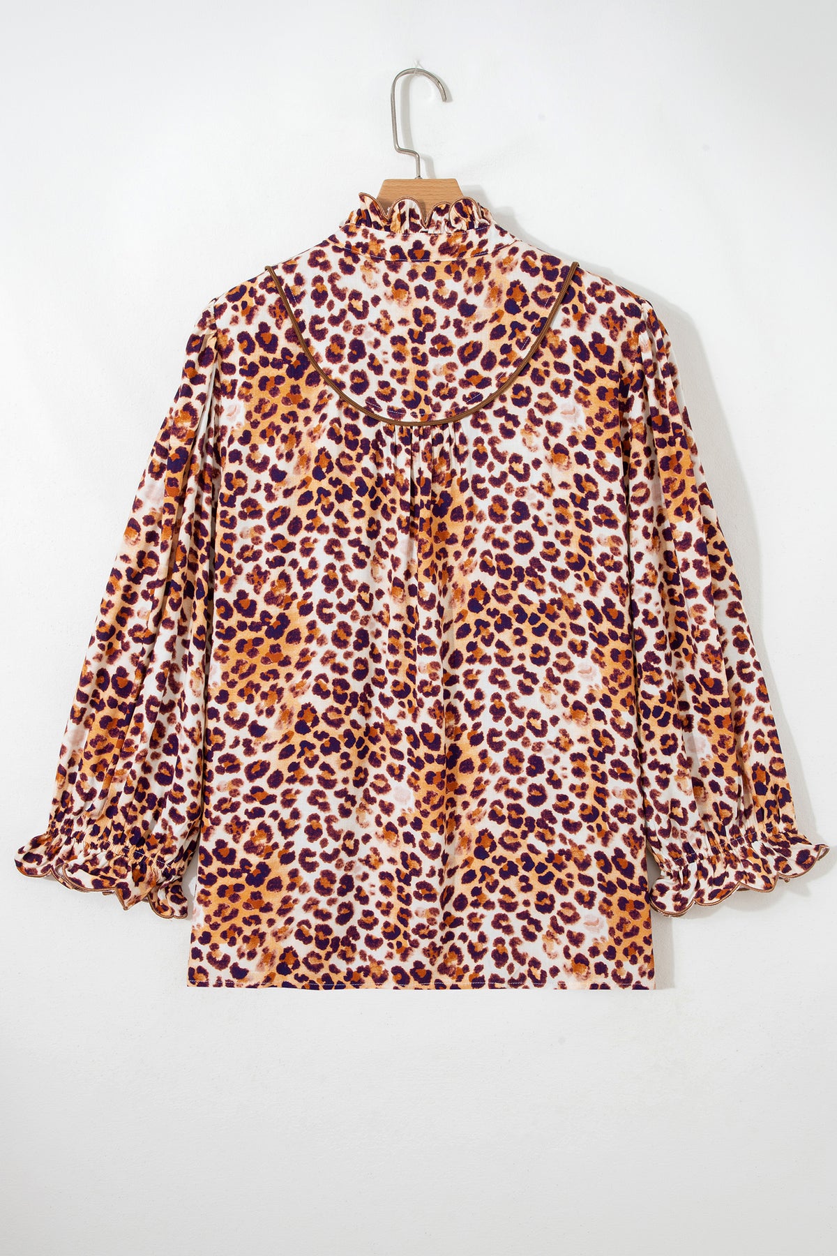 Brown plus size leopard print blouse with frilled stand neck from Dear-Lover, made of viscose, designed for plus size fashion.
