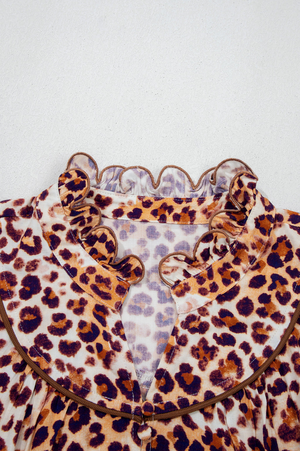 Plus size brown leopard print blouse with frilled stand neck from Dear-Lover, made of 100% viscose, stylish and comfortable for women.