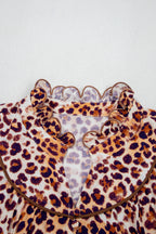 Plus size brown leopard print blouse with frilled stand neck from Dear-Lover, made of 100% viscose, stylish and comfortable for women.