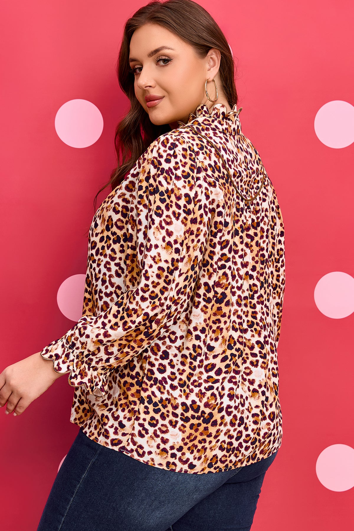 Plus size brown leopard print blouse with frilled stand collar, made from 100% viscose, by Dear-Lover.