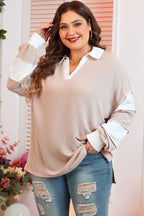 Plus size Dear-Lover long sleeve top with colorblock design, slit V-neck, and parchment corded fabric in a casual, stylish fit.