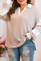 Dear-Lover plus size long sleeve top with colorblock design, slit V-neck, and corded details in parchment color.