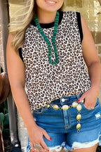 Plus size khaki leopard vest with contrast trim from Dear-Lover, featuring sleeveless design and comfortable fabric blend.