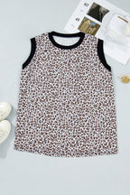 Plus size khaki leopard vest with contrast trim from Dear-Lover, featuring polyester and elastane fabric, sleeveless tank top style.