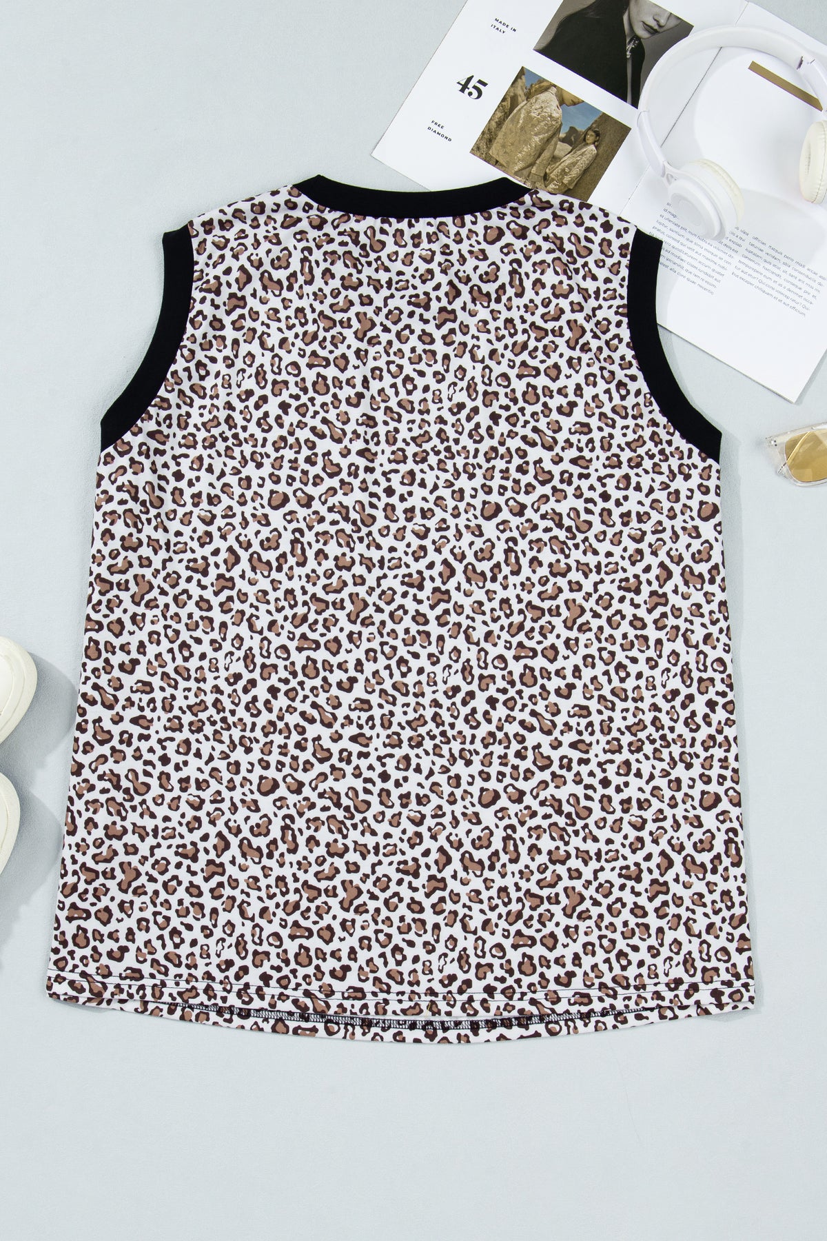 Plus size leopard vest with khaki contrast trim, Dear-Lover tank top, 95% polyester, 5% elastane, stylish and comfortable fit