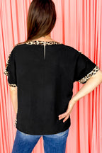 Black plus size leopard patchwork round neck loose tee from Dear-Lover, made of polyester, featuring a relaxed fit and stylish leopard design.