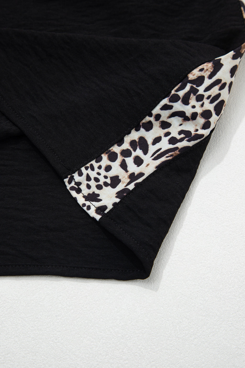 Black plus size leopard patchwork round neck loose tee by Dear-Lover, made of polyester, casual fit, stylish animal print top.