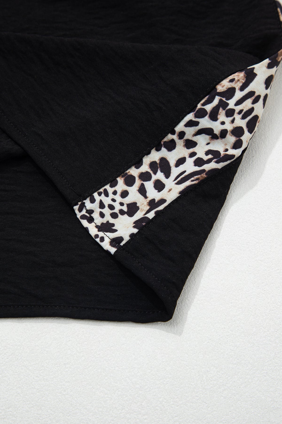 Black plus size leopard patchwork round neck loose tee by Dear-Lover, made of polyester, casual fit, stylish animal print top.