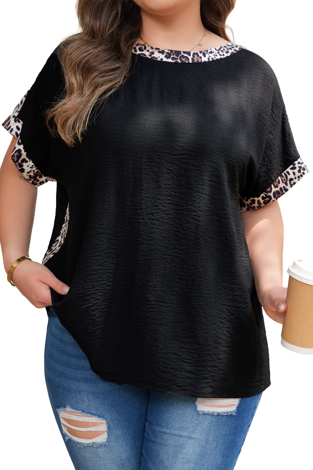 Black plus size leopard patchwork round neck loose tee from Dear-Lover, made of 100% polyester, featuring a stylish leopard print design.