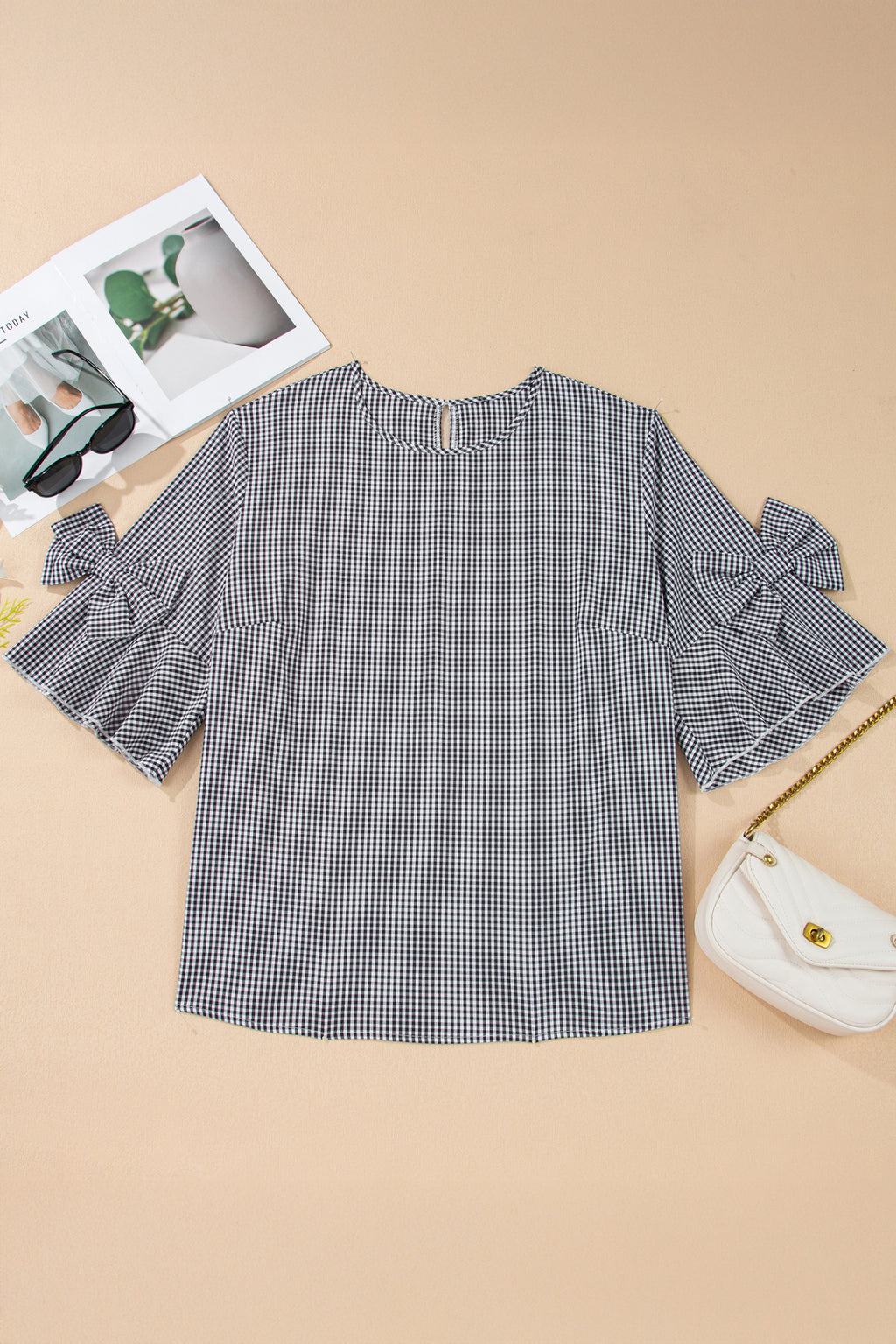 Black plus size plaid bow decor bell sleeve round neck jumper from Dear-Lover, featuring a cozy, stylish design and comfortable fit.