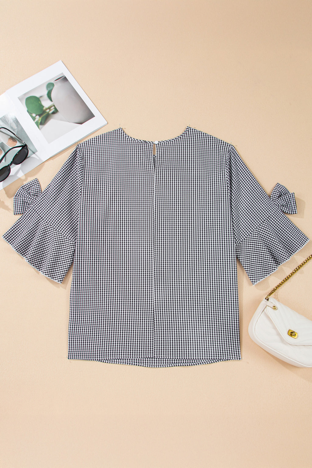 Black plus size plaid bow decor bell sleeve round neck jumper, Dear-Lover, stylish and comfortable top for women.