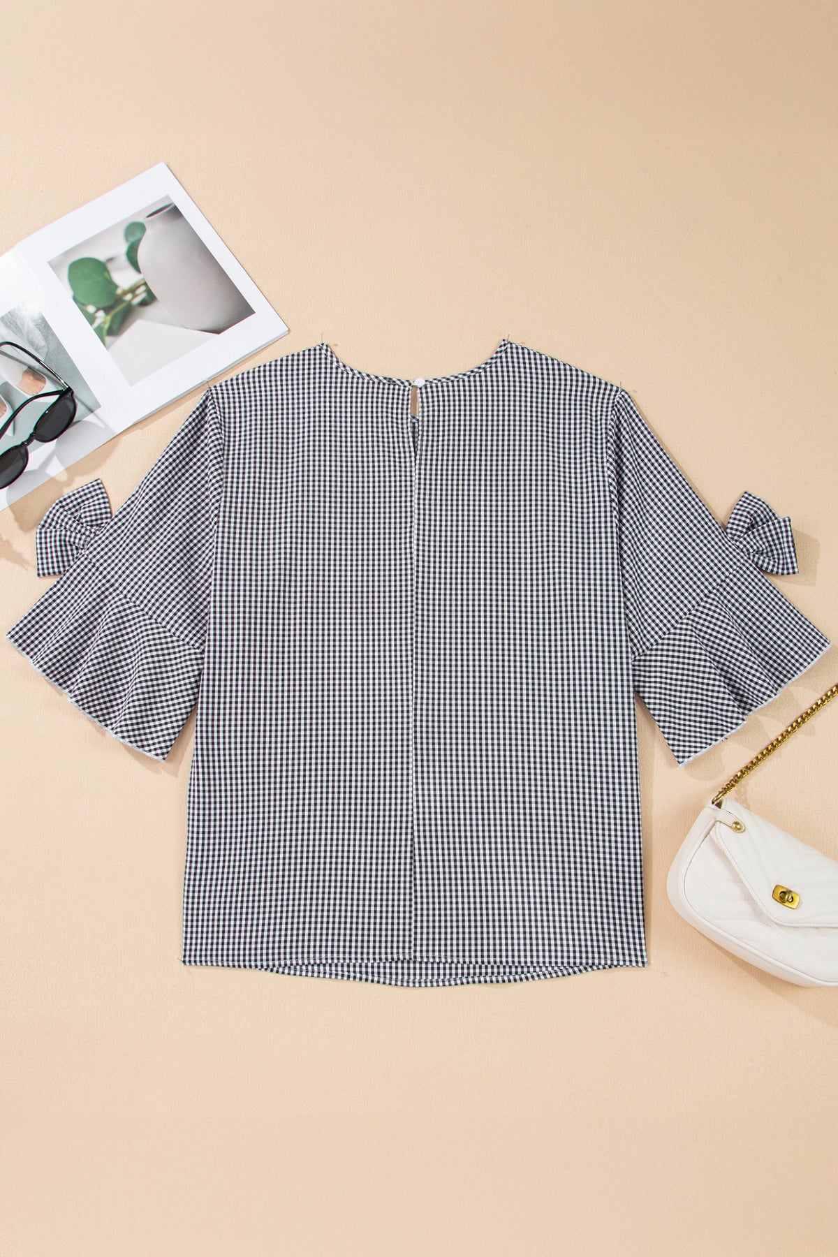 Black plus size plaid bow decor bell sleeve round neck jumper, Dear-Lover, stylish and comfortable top for women.