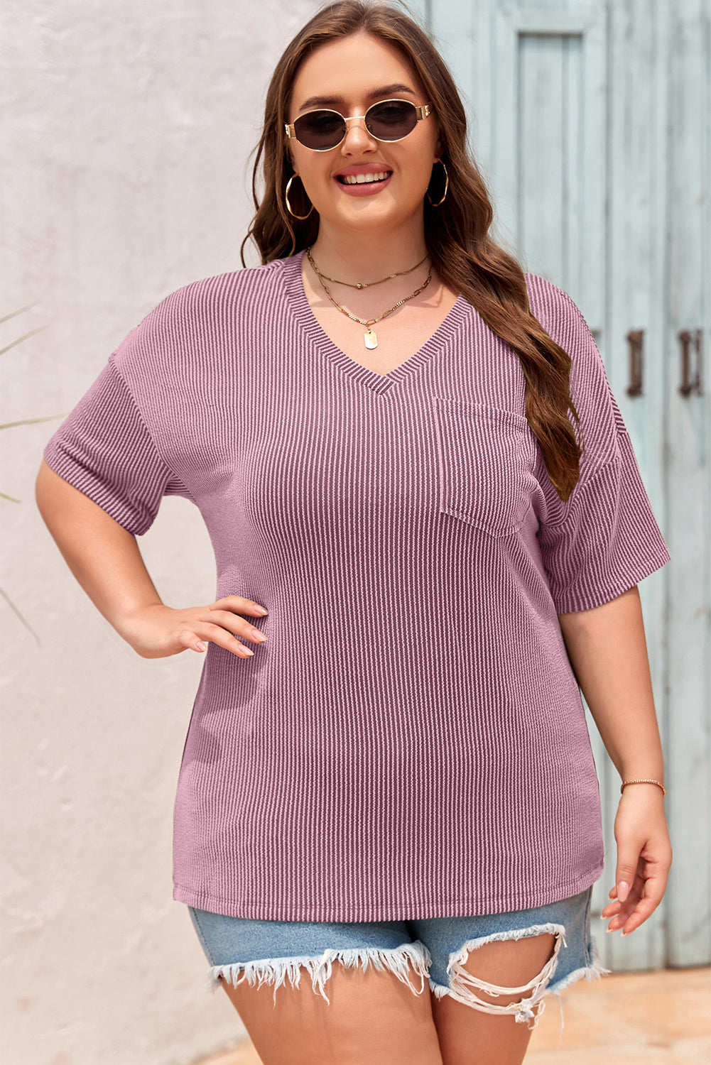 White textured V-neck plus size T-shirt with dropped shoulders, casual fit, from Dear-Lover Plus Size Tops & Tees collection.