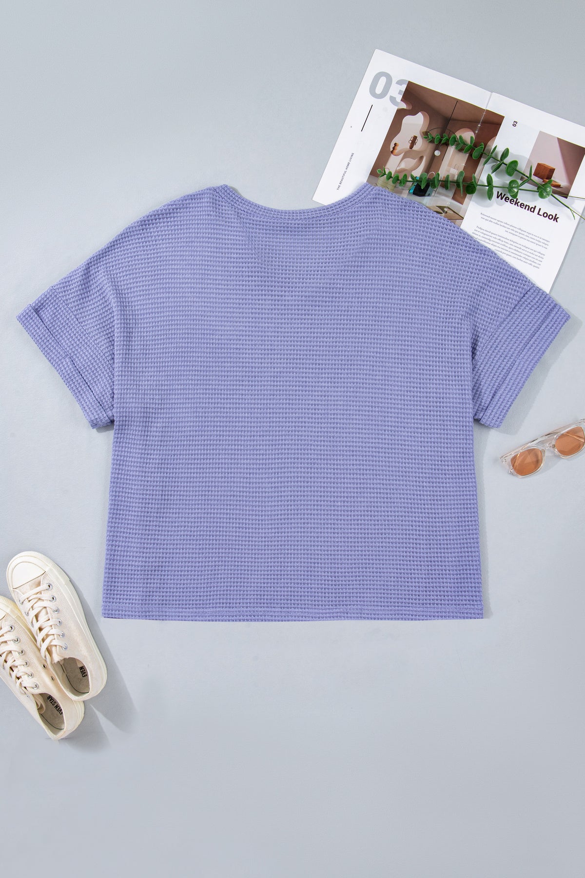 Plus size Wisteria V-neck short sleeve waffle knit top by Dear-Lover, featuring a comfortable fit and soft fabric blend.