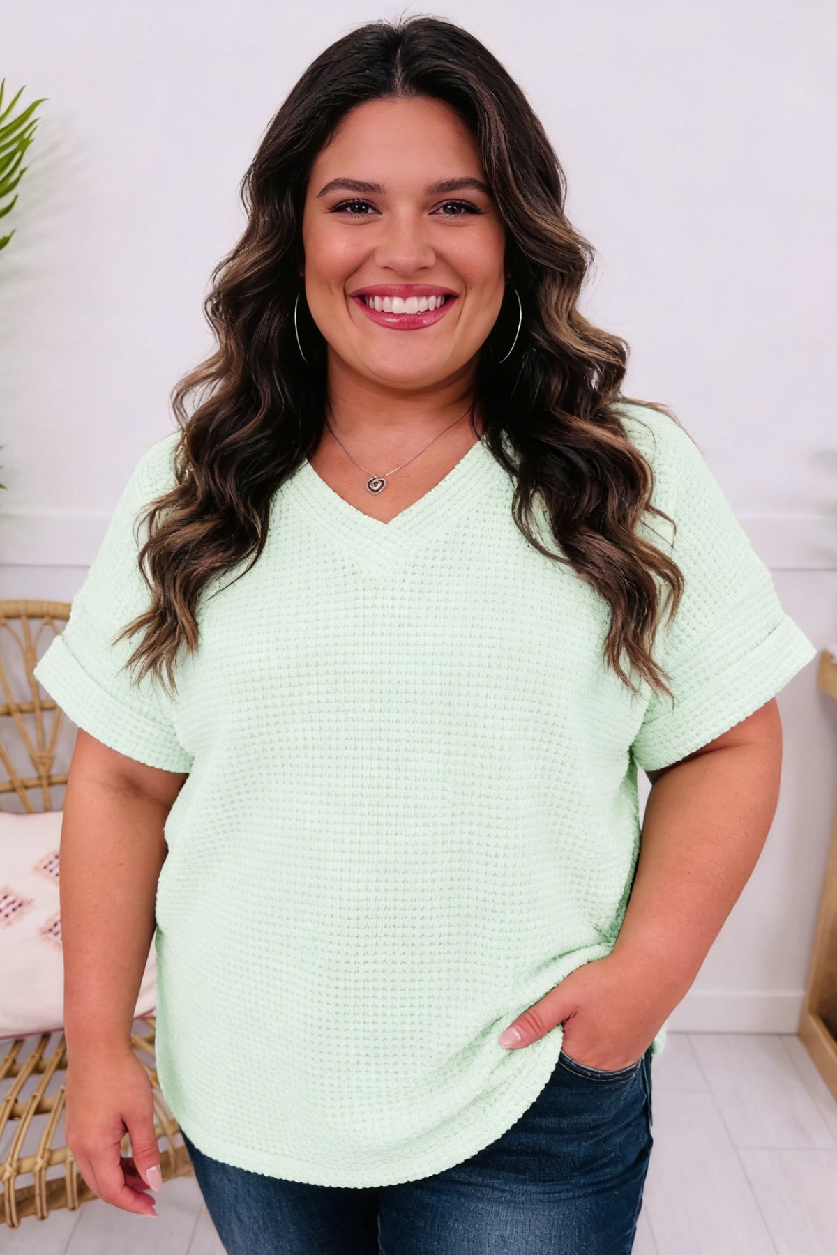 Plus size Wisteria V-neck short sleeve waffle knit top by Dear-Lover, featuring a relaxed fit and soft fabric blend.