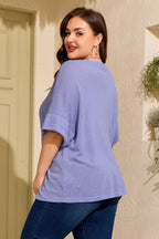 Plus size Wisteria V-neck short sleeve waffle knit top by Dear-Lover, showing the relaxed fit and soft fabric in a natural pose.