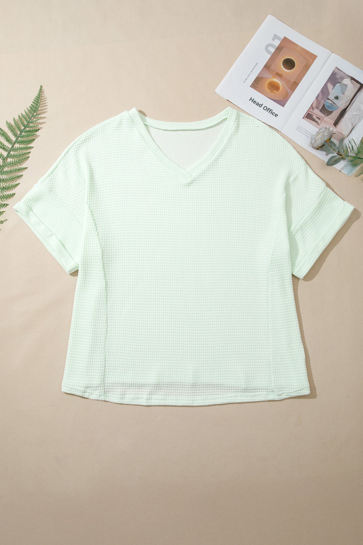 Plus size Wisteria V-neck short sleeve waffle knit top by Dear-Lover, featuring a comfortable, stylish design in soft fabric.